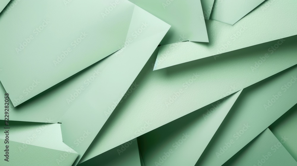 Poster overlapping mint green paper sheets in geometric arrangement. digital artwork of 3d rendering geomet