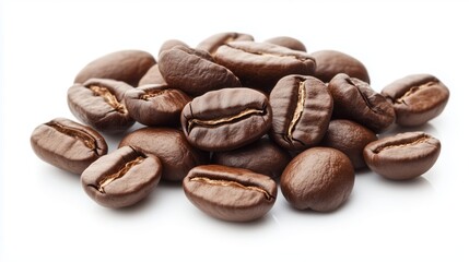Obraz premium Brown coffee beans piled on a white surface showcasing their rich texture and color with natural light enhancing their glossy finish