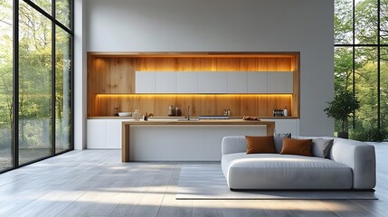 Minimalist Scandinavian kitchen, natural wood accents with clean white cabinetry, 8K high resolution with copy space