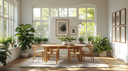 Warm and cozy Scandinavian dining room, light wood furniture, and white walls, 8K high resolution with copy space
