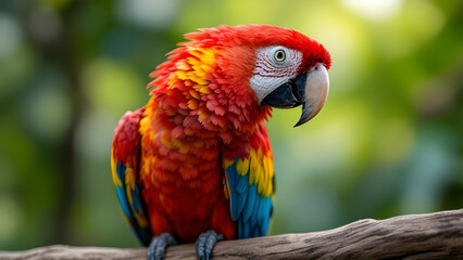 Obraz premium Vibrant Scarlet Macaw Perched on a Branch in Lush Greenery