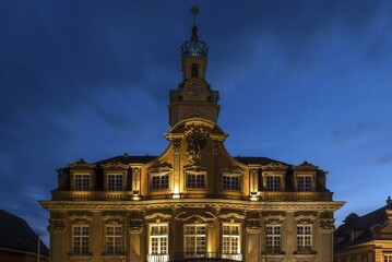 Illuminated baroque town hall from 1735, dusk, Schwäbisch Hall, Baden-Württemberg, Germany, Europe