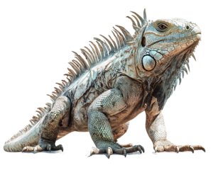 Lizard with long, white, spiky hair is standing on transparent background