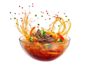 Delicious serving of glass noodles with vegetables and beef, showcasing vibrant colors and dynamic splashes, perfect for culinary delight