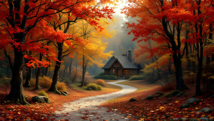 Fototapeta premium Serene Autumn Landscape with Cozy Cottage Surrounded by Colorful Foliage