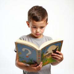Un niño lindo de 6 años está leyendo un libro. Un niño que se centra en el libro. Estudiantes inteligentes de primaria.