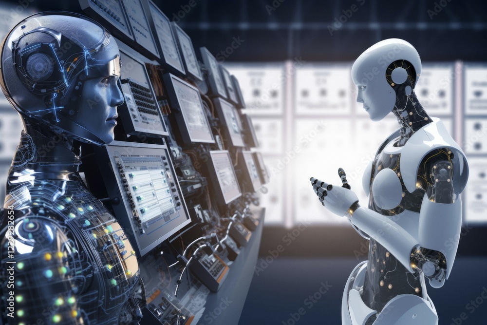 Aufkleber an ai robot controls the manufacturing process in a company on computer monitors, ai generates