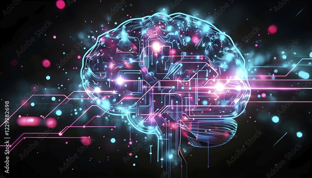 Poster abstract digital brain made of interconnected lines and glowing circuits in neon colors, representin