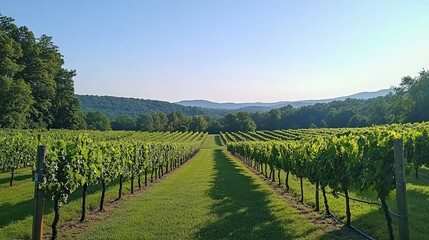 Fototapeta premium A scenic vineyard with rows of grapevines under a clear blue sky. picture