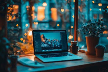laptop with photo editing software displaying a mountain landscape image, sitting on a wooden desk by a window with plants and warm string lights