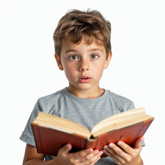 Un ni&ntilde;o lindo de 8 a&ntilde;os tiene una expresi&oacute;n que le hace tener curiosidad mientras le&iacute;a el libro. Un chico encantador.