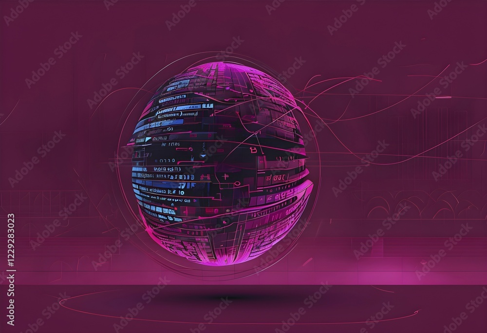 Poster illustration of an abstract, vibrant magenta colored rotating digital sphere with patterns resemblin