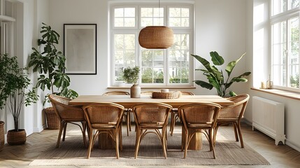 Simple dining room with Scandinavian decor, white walls, and wooden chairs, 8K high resolution with copy space