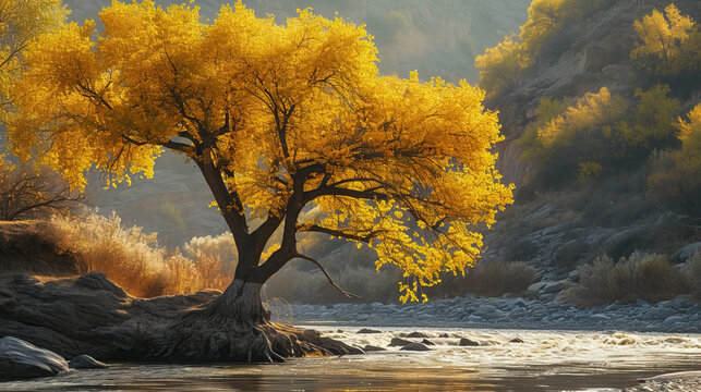 yellow tree autumn in the mountains