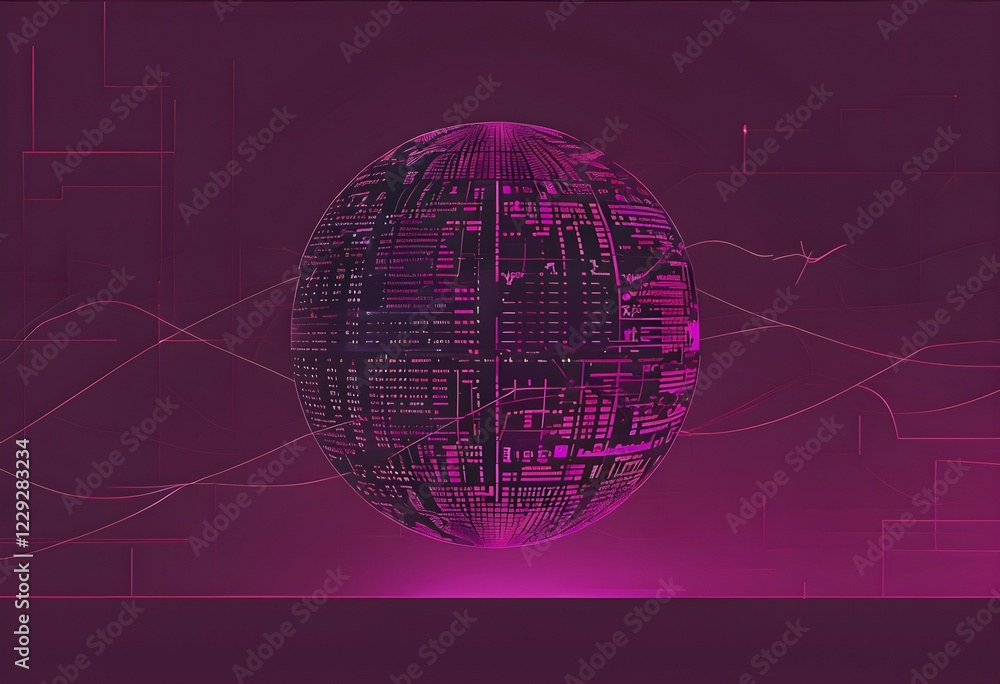 Poster illustration of an abstract, vibrant magenta colored rotating digital sphere with patterns resemblin