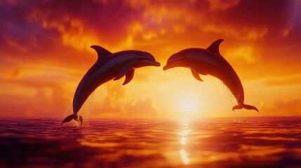 Dolphins leap gracefully in the sunset over a serene ocean landscape