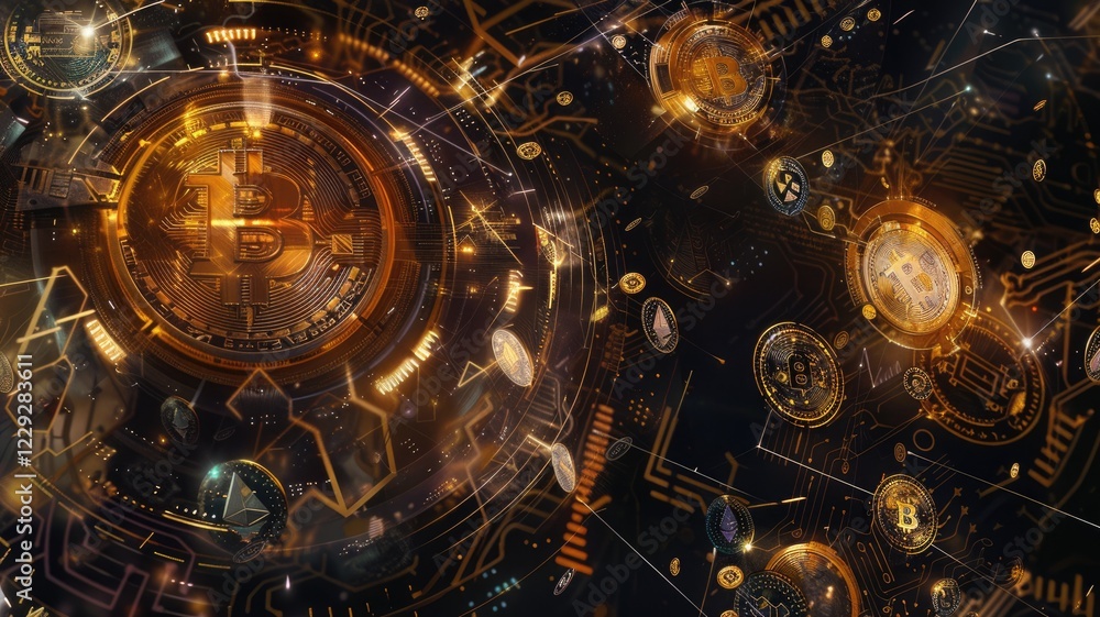 Poster digital image of glowing bitcoin coins floating in space with light trails. abstract artwork of gold