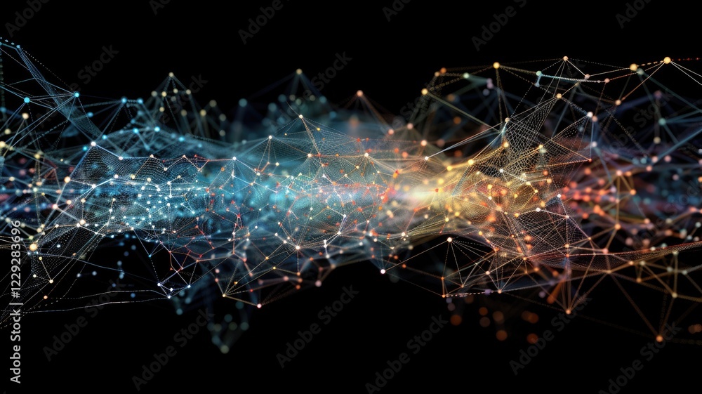 Poster abstract digital network with interconnected nodes and lines on a black background. glowing vibrant 