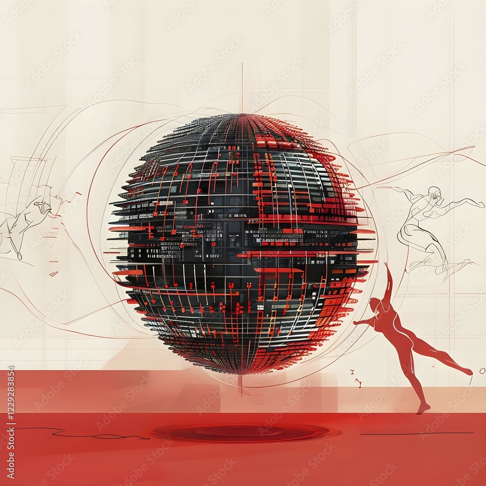 Poster illustration of an abstract, vibrant red colored rotating digital sphere with patterns resembling ai