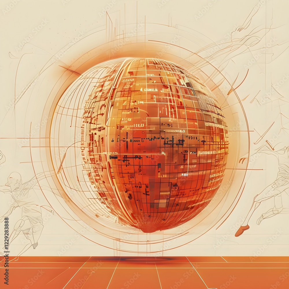 Poster illustration of an abstract, vibrant orange colored rotating digital sphere with patterns resembling