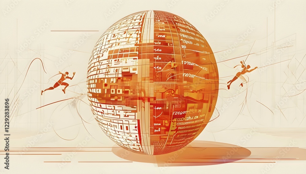 Poster illustration of an abstract, vibrant orange colored rotating digital sphere with patterns resembling