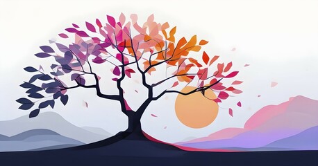 Abstract minimalist spring scene with a single, sharp silhouette of a blooming tree on a vast light grey canvas, with subtle color gradients hinting at spring freshness, AI generated