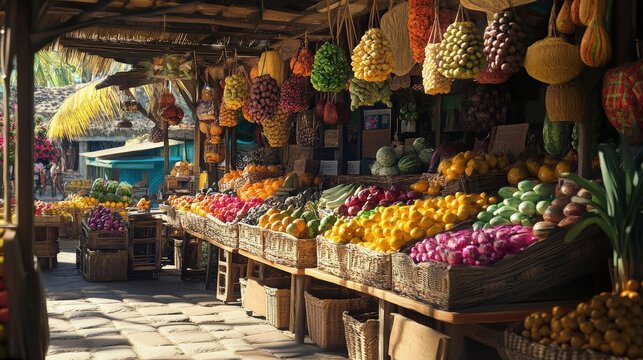 Vibrant Market Stall: A colorful and enticing display of fresh produce fills a bustling market stall, inviting shoppers with a feast for the senses.