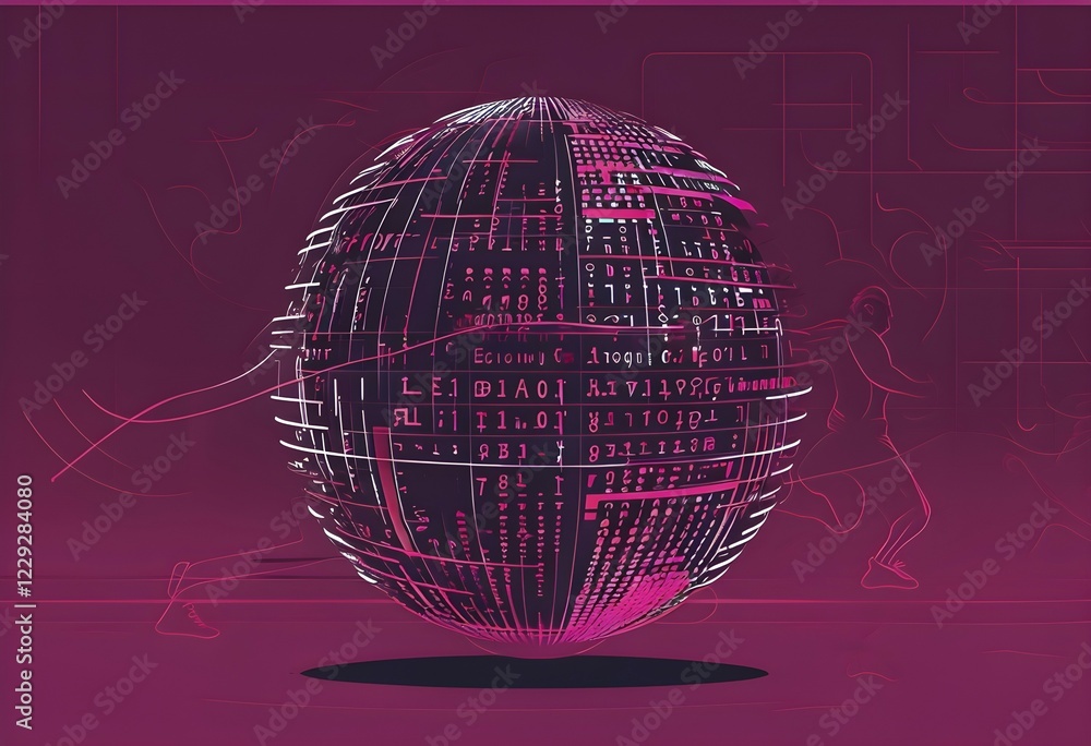 Poster illustration of an abstract, vibrant magenta colored rotating digital sphere with patterns resemblin