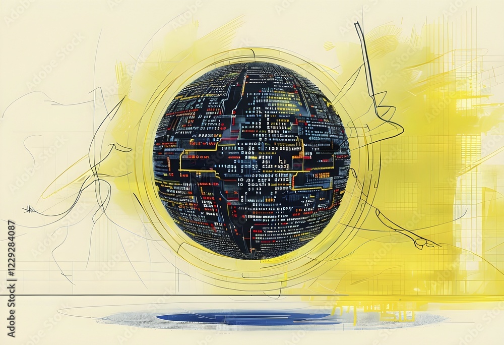 Poster illustration of an abstract, vibrant yellow colored rotating digital sphere with patterns resembling