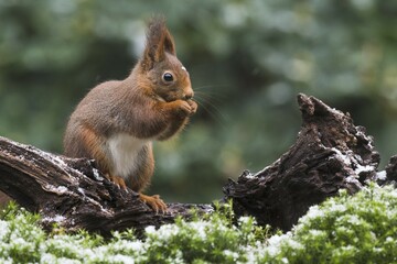 Eurasian red squirrel (Sciurus vulgaris) in winter, Emsland, Lower Saxony, Germany, Europe