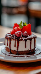 A dessert with chocolate sauce and strawberries on a white plate