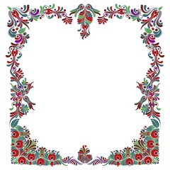 Hungarian folk style floral frame over white background with copy space