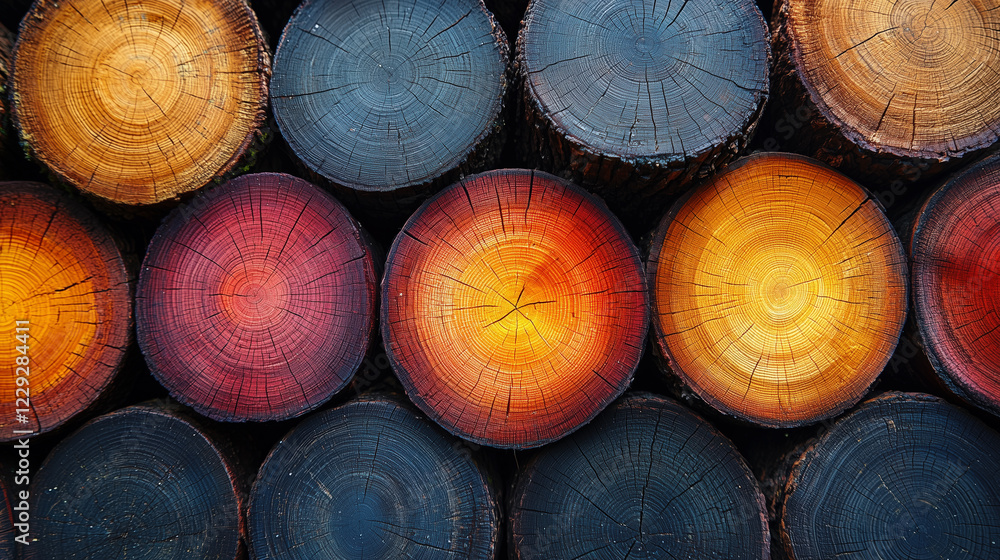 Poster stacked tree logs with vibrant and colorful cross-sections