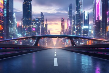 Fototapeta premium A futuristic city at twilight, with a sleek bridge spanning an empty asphalt road, flanked by reflective skyscrapers and colorful neon lights.