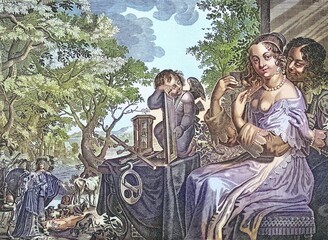 Lover approaches a lady combing her hair, the scene is observed by an angel, 17th century symbolic copper engraving, digitally restored reproduction of a 19th century original, exact original date unknown