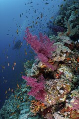 Klunzinger's Tree Coral (Dendronephthya klunzingeri) and shoal, group of sea goldie (Pseudanthias squamipinnis), Elphinstone Reef dive site, Egypt, Red Sea, Africa