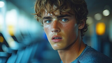 A young man with blonde hair and blue eyes looks intensely at the camera after a workout.