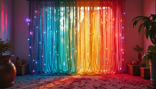 Vibrant Holi Festival Theme with Colorful Curtains, Ideal for Celebration Decor