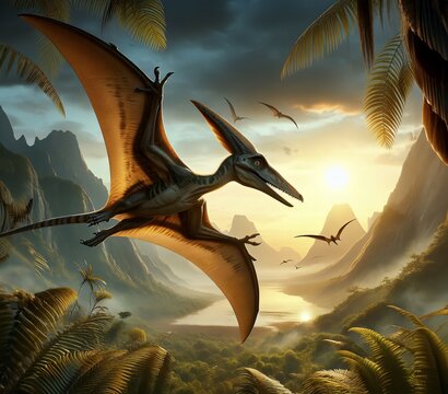 Prehistory, prehistory, a dinosaur, a flying dinosaur, a pterodactyl flies over a prehistoric landscape, AI generated, AI generated