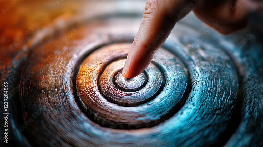 Poster finger touching a textured circular pattern with glowing light effect