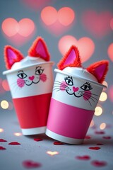 Fototapeta premium Two Adorable Cat Themed Coffee Cups with Fluffy Ears and Heart Background