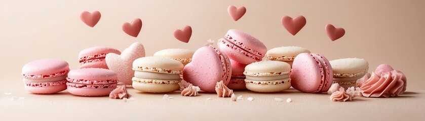 Delicate Pink and Cream Heart-Shaped Dessert Arrangement with Macarons and Sweet Decorations