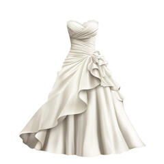 White wedding dress with a long train and a ruffled skirt