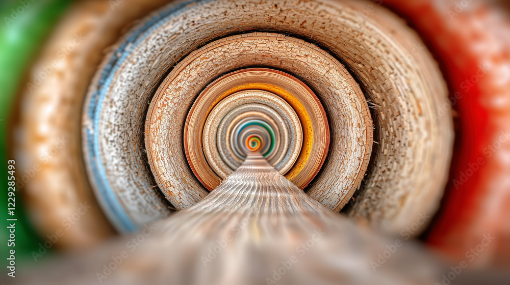 Poster abstract tunnel of concentric circular textures with a wooden pathway