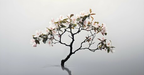 Abstract minimalist spring scene with a single, sharp silhouette of a blooming tree on a vast light grey canvas, with subtle color gradients hinting at spring freshness, AI generated