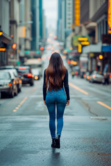 Fototapeta premium A woman walking down a city street at night
