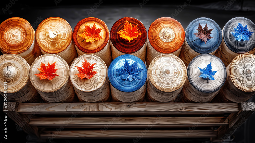 Poster stacked tree trunk cross-sections with colorful maple leaves on top