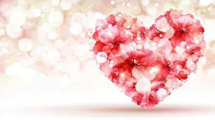 Fototapeta premium Heart Shaped Pink and Red Watercolor Flowers on Bokeh Background