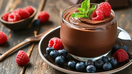Gourmet Chocolate Mousse Served on a Porcelain Plate with Fresh Berries and Mint