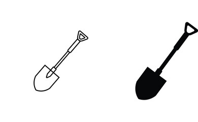 Snow shovel vector icon set black filled and outlined style